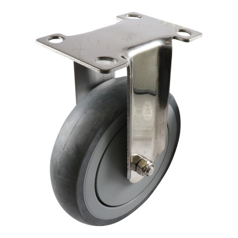 EASYROLL GREY RUBBER FIXED PLATE CASTOR S/S 125MM 